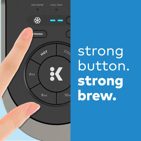 Finger pressing strong brew button on Your Go To Single Serve Coffee Maker For Hot Or Iced Brews, QuickChill and MultiStream Tech