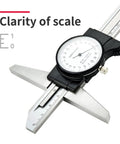 Pro Grade Depth Caliper With Gauge 0 to 150 and 200 mm, 0.02 mm Precision Depth Dial Caliper, close-up view showing scale and gauge.