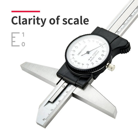 Pro Grade Depth Caliper With Gauge 0 to 150 and 200 mm, 0.02 mm Precision Depth Dial Caliper, close-up view showing scale and gauge.