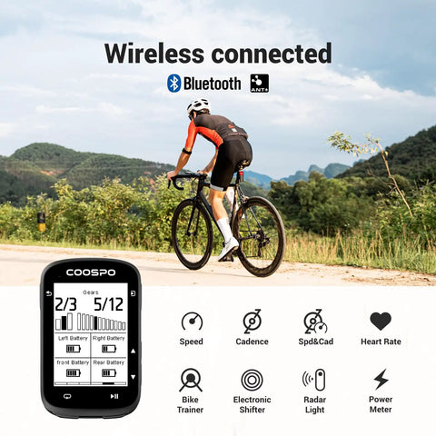Cyclist using Wireless Bike Computer With 2.6 Inch LCD GPS Route Navigation displaying stats, Bluetooth 5.0 ANT GPS.