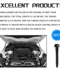Heavy Duty Steel Air Filter Housing Screws For GM Chevy Dodge Jeep Fastener Bolts Hella Tough Rust Proof Auto Repair Kit With No Sweat Installation Always Works displayed with specifications, 5 screws, black coating.
