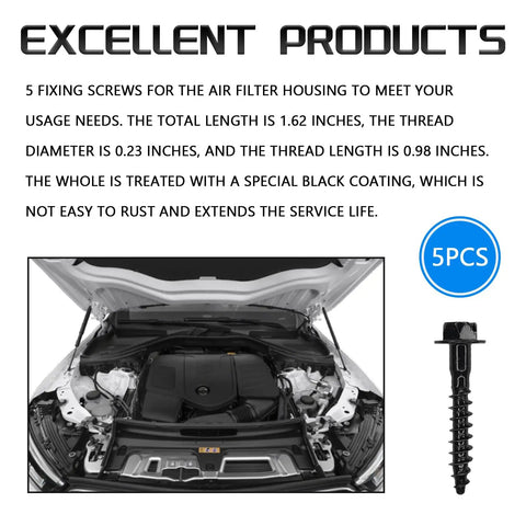 Heavy Duty Steel Air Filter Housing Screws For GM Chevy Dodge Jeep Fastener Bolts Hella Tough Rust Proof Auto Repair Kit With No Sweat Installation Always Works displayed with specifications, 5 screws, black coating.