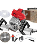 Heavy Duty 1200W Wet Tile Chamfer Tool delivering hella precise 43 degree bevel cuts with accessories and tile slabs.