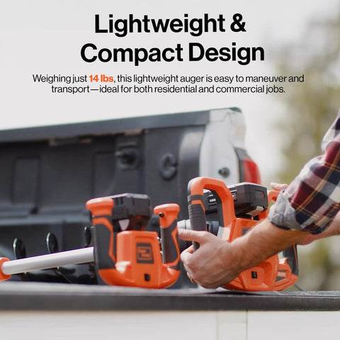 Person holding Earth Auger Power Head With Steel 6 Inch By 30 Inch Bit Ultra Duty Cordless Electric With Lithium Ion Battery And Charger.