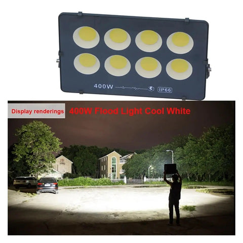 JUDYSSY Ultrathin Led Flood Light 400W shown illuminating a court at night, demonstrating its waterproof IP66 rating.
