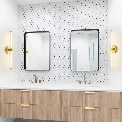 Two Pack Brass Gold Vanity Light Bar Set For Bathroom LED Wall Sconces Over Mirror, mounted beside double vanity mirrors