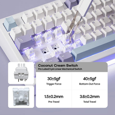 Pro Rig Ready Tri Mode Mechanical Gaming Keyboard With A Massive 40Mm Precision Aluminum Volume Knob For Seamless Streamer Audio Tweaks And Clutch Session Vibes showing Coconut Cream Switch and keycap removal.