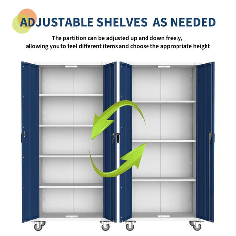 Heavy Duty Metal Storage Cabinet With Locking Doors And Wheels, Adjustable Shelves, Powder Coated Steel, shown open with shelve adjustment arrows