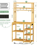 Bakers Rack With Power Outlets And Eight Tier Microwave Stand Bamboo Kitchen Storage Shelf With Ten S Shaped Hooks Coffee Bar Table Station Standing Rack 65 Inches Tall 31.5 By 15.7 Inches, shown with dimensions and S-hooks.