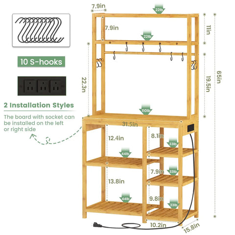Bakers Rack With Power Outlets And Eight Tier Microwave Stand Bamboo Kitchen Storage Shelf With Ten S Shaped Hooks Coffee Bar Table Station Standing Rack 65 Inches Tall 31.5 By 15.7 Inches, shown with dimensions and S-hooks.