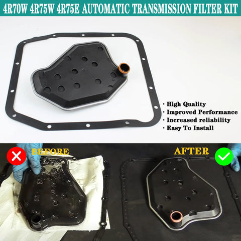 Pro Grade Heavy Duty Automatic Transmission Filter Kit For 4R70W 4R75W And 4R75E with before and after comparison