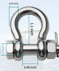 Pro Grade 316 Marine Stainless Steel D Ring Shackles Heavy Duty Anchor And Towing Rigging Gear Built Like A Tank For Boats And Yachts Including Secure Cotter Pins with dimensions.