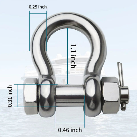 Pro Grade 316 Marine Stainless Steel D Ring Shackles Heavy Duty Anchor And Towing Rigging Gear Built Like A Tank For Boats And Yachts Including Secure Cotter Pins with dimensions.
