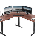VIVO Corner Standing Desk In Dark Walnut L Shaped Electric Height Adjustable Workstation With Monitor Mount spacious dual monitor setup