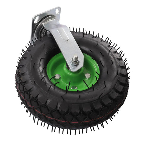 Heavy Duty Pneumatic Caster Wheels Set Of Four With Two Rigid And Two Swivel Brackets showing a swivel caster with a 10 inch tough rubber tire.