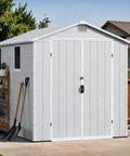 Resin Outdoor Storage Shed With Floor, Lockable Door And Window in backyard setting, weather-resistant 6x8 ft garden shed.