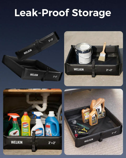 Spill Containment Berm Folding Duck Pond for Oil Changes, under sink and floor use, black 2x2 feet, heavy-duty and leak-proof.