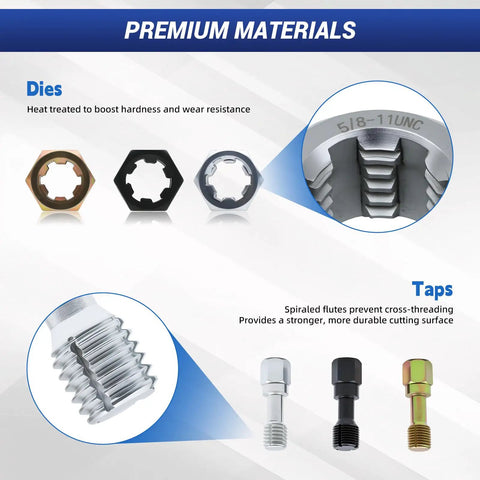 61 Piece Thread Repair Kit For Auto Mechanics And DIYers With Taps Dies Files And Pitch Gauges Rethread Damaged Screws Bolts And Nuts In UNC UNF And Metric M6 To M14 showing dies and taps.