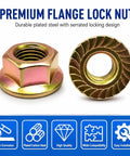 50 Piece M10-1.25 Exhaust Flange Nuts Straight Up Top Shelf Locked Serrated Hardware For Honda Acura Toyota Heavy Duty Fastener Kit Built Tough close-up view of serrated flange lock nut made of durable plated steel.