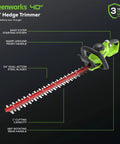 40V Cordless Hedge Trimmer With 24-Inch Steel Blades 1-Inch Cutting Capacity, ergonomic rotating rear handle and battery shown