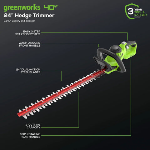 40V Cordless Hedge Trimmer With 24-Inch Steel Blades 1-Inch Cutting Capacity, ergonomic rotating rear handle and battery shown