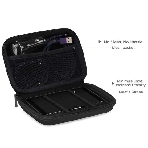 Inside view of Straight Up 7 Inch GPS Carrying Case Built Tough With Dead Center Shockproof EVA Hard Shell, showing elastic straps and mesh pocket.