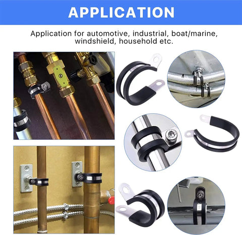 56 Piece Large Stainless Steel Rubber Coated Cushioned Insulated Cable Clamps Kit in use for automotive and plumbing applications