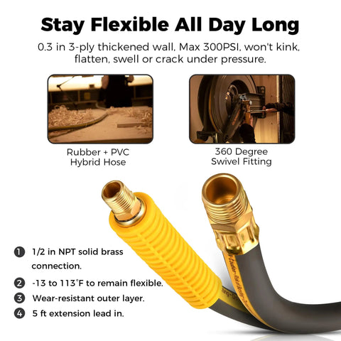 Heavy Duty Double Arm Retractable Air Hose Reel 50 Foot Reach Half Inch Steel Hybrid Core flexible rubber PVC hose with swivel fitting.
