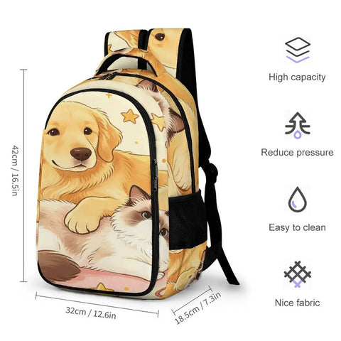 Bone And Wool Ball Mates Printed Backpack For Unisex Large Capacity Daypack with dog and cat design, durable polyester.
