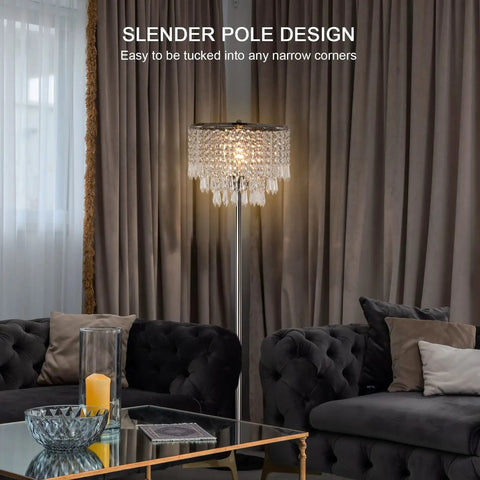 Living room with Three Layer K5 Crystal Floor Lamp with Sparkling Triper Layer Shade, modern chrome finish, elegant glow.