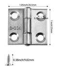 Front view of a 1-inch 304 stainless steel mini hinge with mounting holes and screws for wooden boxes or cabinet doors