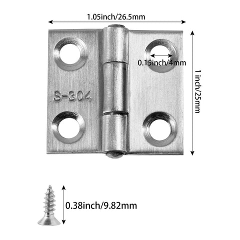 Front view of a 1-inch 304 stainless steel mini hinge with mounting holes and screws for wooden boxes or cabinet doors