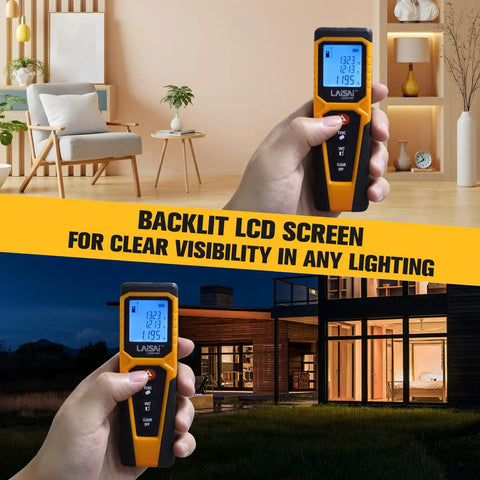 Precision Laser Distance Meter For Quick Accurate Measurements Up To 130 Feet With Backlit LCD Display One Hand Operation Large Readout Durable DIY Tool For Builders And Handymen in hand, backlit screen