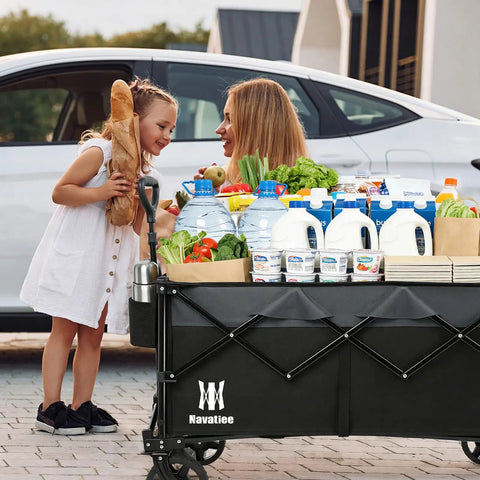 Woman and child with 165L Collapsible Folding Wagon With Silent All Terrain Wheels Heavy Duty Utility Cart loaded with groceries