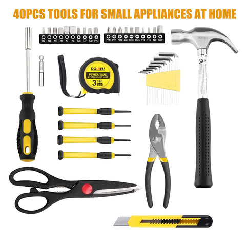 Yellow 40 Piece Home Tool Set With Plastic Toolbox Case, Easy Diy Repair Kit including hammer, pliers, and tape measure