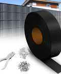 Chain Link Fence Privacy Tape 164 Ft By 6 In PVC Slats Privacy Screen With 150 Snap Fasteners And Punch Tool shown uninstalled