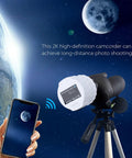 Telescope Camera Eyepiece With 1080P FHD Video And 2K Recording Plus 4MP Photos on a tripod with smartphone view of moon.