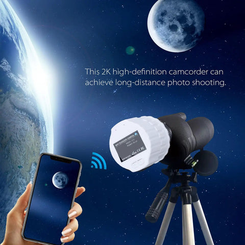 Telescope Camera Eyepiece With 1080P FHD Video And 2K Recording Plus 4MP Photos on a tripod with smartphone view of moon.
