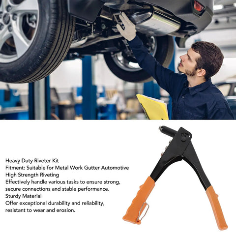 Heavy Duty Rivet Tool Kit With 120 Rivets For Metal And Plastic used by mechanic under vehicle exhaust system