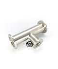 Premium KF25 To KF16 Unequal Tee Vacuum Fitting With Dual KF25 Flanges And Center KF16 ISO KF Adapter For Vacuum Systems No Logo Precision Machined Beefy And Built To Last, angled view