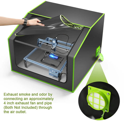 Pro Grade Laser Engraver Enclosure With Vent, Fireproof And Dustproof Protective Cover For Most Laser Engravers, shown open with laser inside