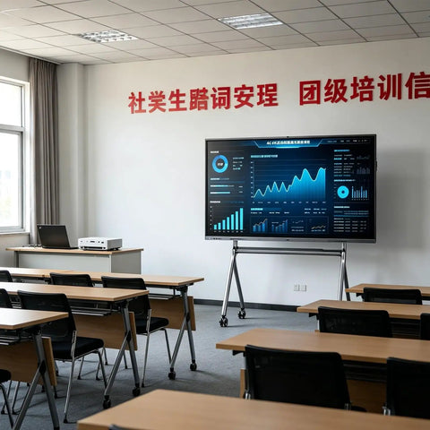 Premium 65 Inch 4K Touch Screen Display On Slick Rolling Cart Base Featuring Dual System Compatible Matte Anti Glare IPS Panel Low Blue Light Eye Care Tech For Corporate Or Classroom Use in a classroom setting.