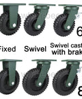 Heavy Duty Caster Wheels Set Of 4 Solid Rubber Industrial Swivel Casters With Locking Brakes Built Tough Thick Steel Plate No Sweat Ride Thrust Bearing For Shop Gear 6 inch and 8 inch wheels shown.