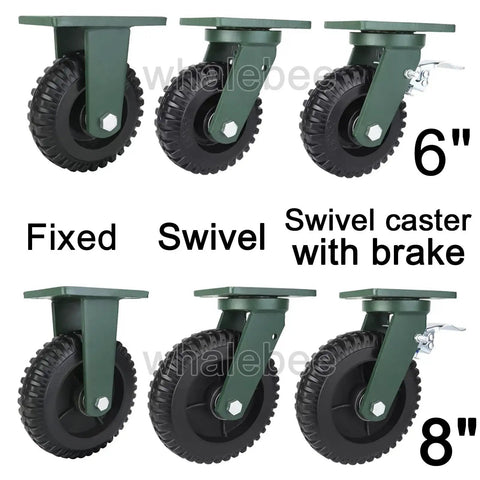 Heavy Duty Caster Wheels Set Of 4 Solid Rubber Industrial Swivel Casters With Locking Brakes Built Tough Thick Steel Plate No Sweat Ride Thrust Bearing For Shop Gear 6 inch and 8 inch wheels shown.