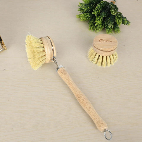 Bamboo dish brush set with handle plus 4 replacement heads, compostable sisal soft bristles for kitchen utensils and vegetable scrubbing