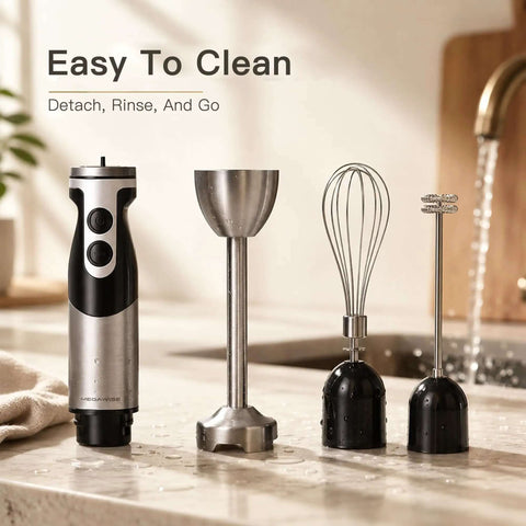Badass 3-In-1 Hand Blender Combines Immersion Mixer Electric Whisk And Milk Frother With 12-Speed Dial BPA-Free Stainless Steel Shaft for easy cleaning with attachments.