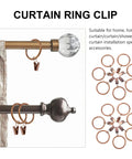50 Pieces Vintage Bronze Shower Curtain Hooks With Hanging Clips And Glide Rings, shown on bathroom rods.