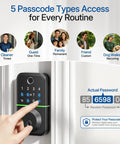 Hassle Free Smart Keyless Deadbolt With Touch Screen Fingerprint Reader And Mobile App Access showing 5 passcode types for secure home entry.