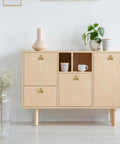 Six Piece Gold Cabinet Knobs Set With Flower Shape Zinc Alloy Vintage Pulls on modern wooden cabinet with decorative items