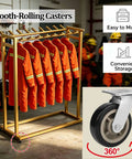 Heavy Duty Double Row Rolling Garment Rack With Twenty Bars For Life Vests And Wetsuits, featuring smooth-rolling casters for mobility.